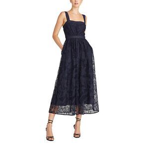 ML MONIQUE LHUILLIER Guipure Lace Midi Dress Midnight Blue Navy Sz. 6 Orig. $645